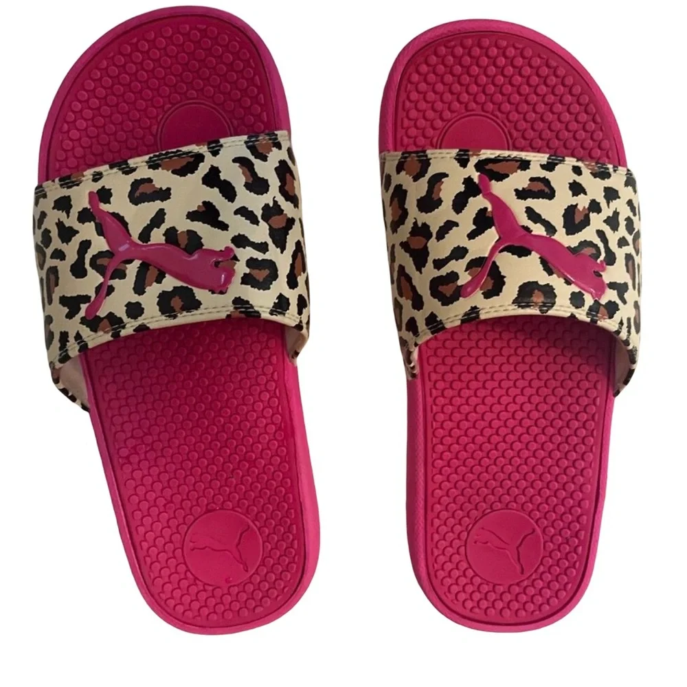 Puma pink leopard pront slides big kids size 6